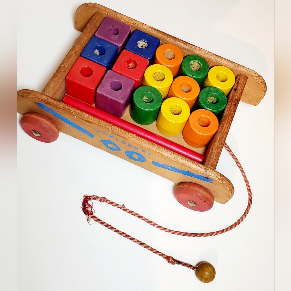 Vintage Playskool Wagon Wooden Blocks Pull Toy